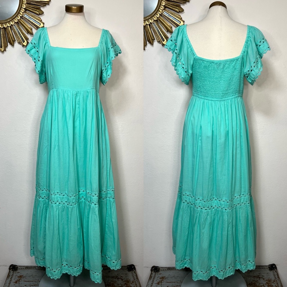 Olivia James Square Neck Flutter Sleeve Turquoise Maxi Dress
